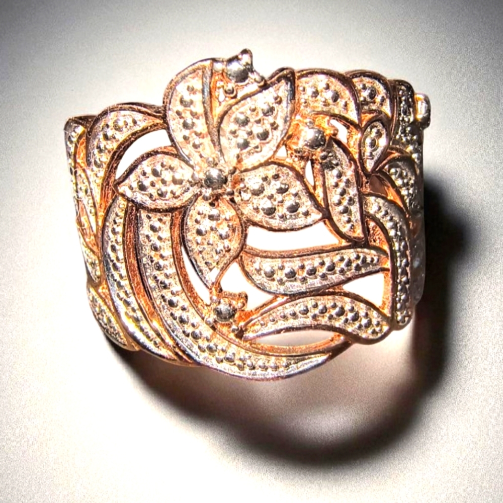 D'Joy Rose Gold Over Sterling Silver Floral Design Sparkle Ring